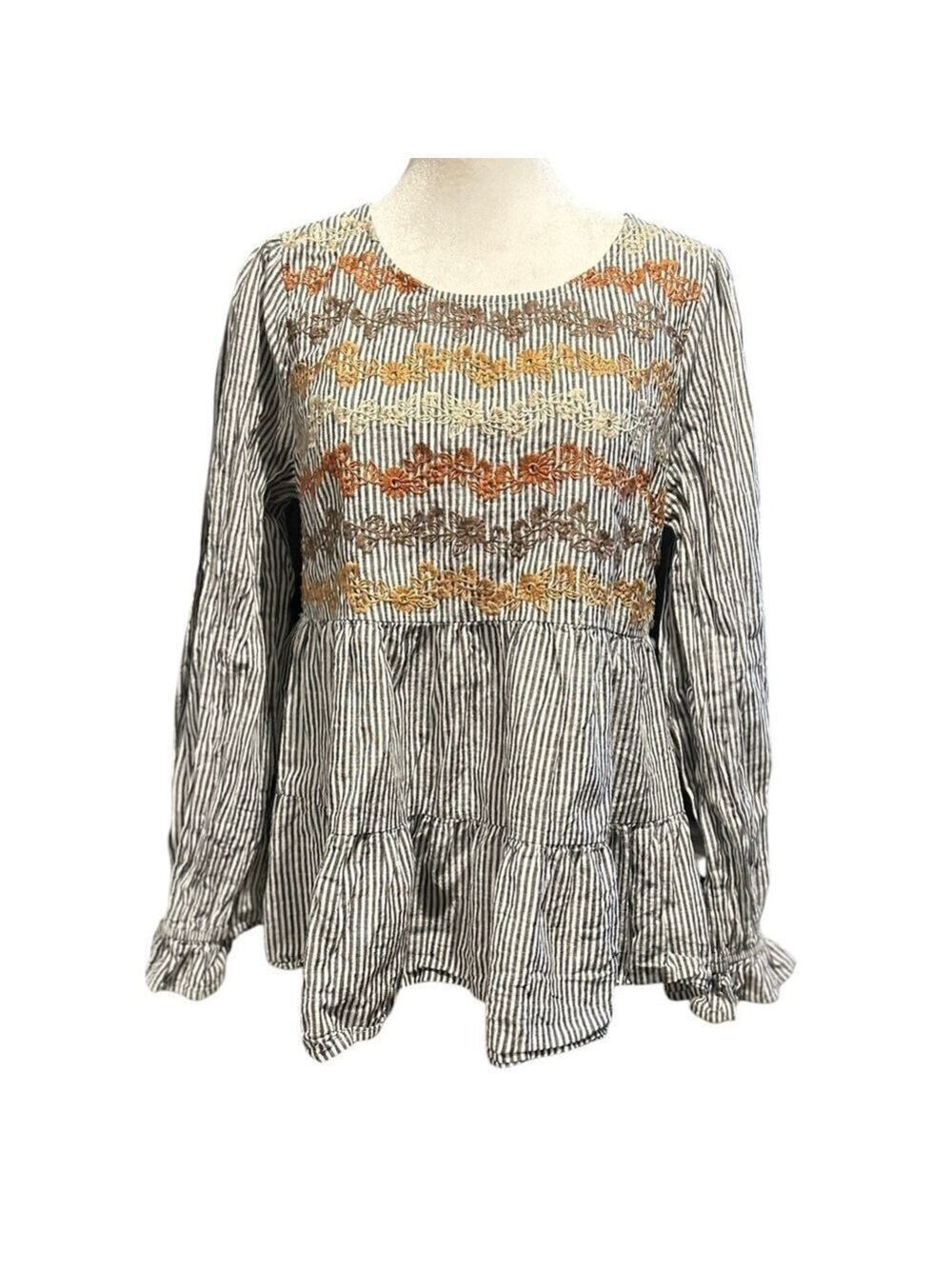 SAVANNAH JANE Boho Embroidered Baby Doll Tiered Long Peasant Sleeves VGC Size M